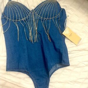 Denim and diamond body suit
